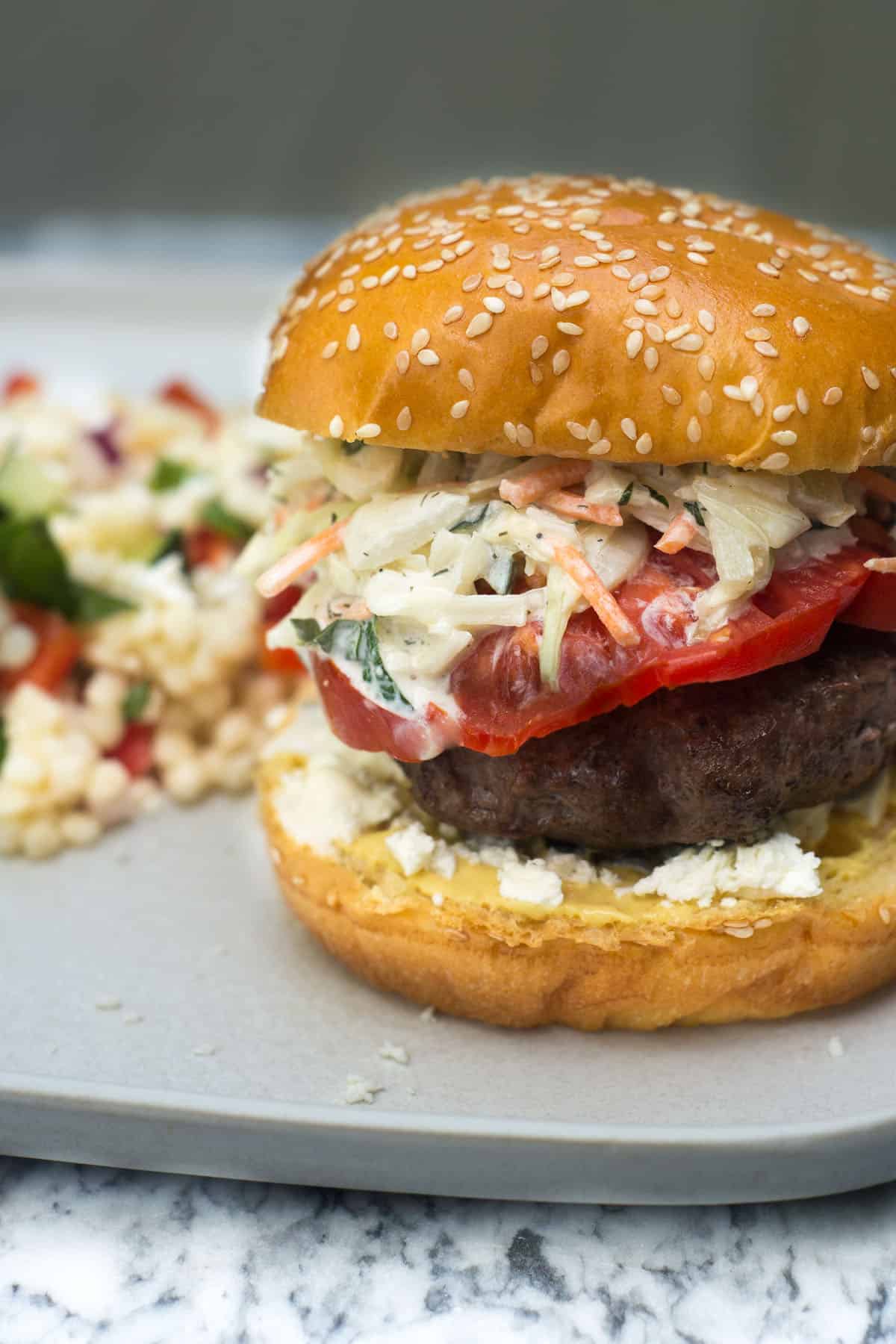 Easy Lamb Burgers (Broiled in Oven) with Feta and Tzatziki Slaw